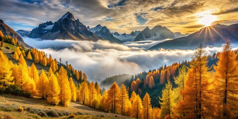 Wall Mural - Misty Autumn Alpine Landscape with Golden Larch Trees - High Resolution Stock Photo