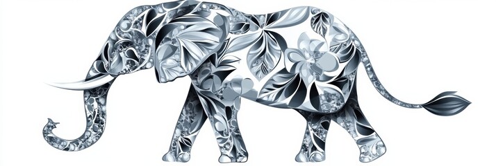 Leinwandbilder - Elegant elephant illustration showcasing intricate floral patterns and designs in a blend of grey and white colors. Generative AI
