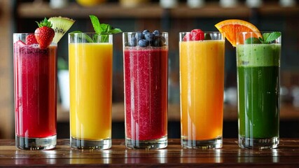 Poster - Colorful and Refreshing Summer Smoothie Beverage Healthy Fruit Juices in Tall Glasses for Vibrant Drink Experience