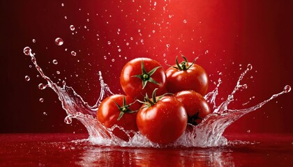 A dynamic explosion of red tomatoes splashing against the background of an all-red gradient