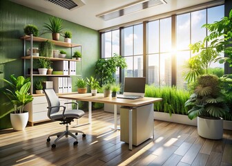 Wall Mural - Modern Minimalist Office Workspace: Desk, Plants & Large Window, 3D Render