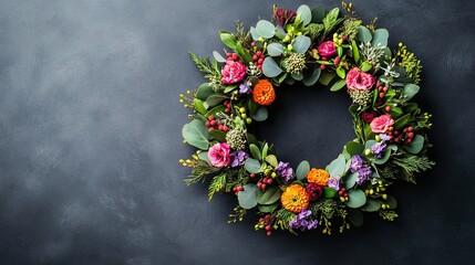 Sticker - Beautiful floral wreath decorated with seasonal flowers and greenery on dark background