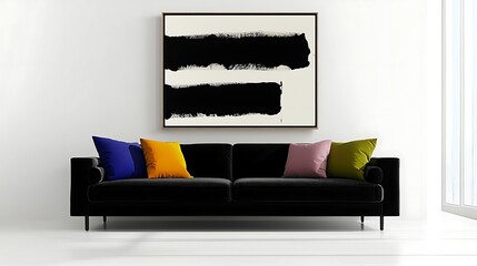 Modern living room with a black sofa and colorful cushions, featuring abstract wall art (1)