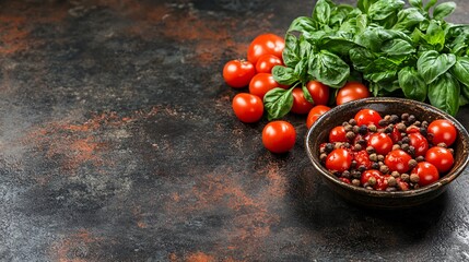 Sticker - Fresh cherry tomatoes and basil on a rustic surface for culinary inspiration