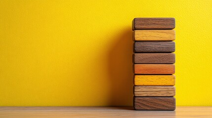 Wall Mural - Stacked wooden blocks against a bright yellow backdrop for a vibrant display