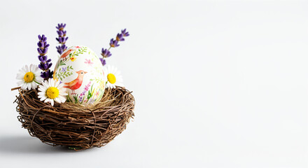 Wall Mural - hand-painted easter egg nestled in a cozy bird's nest, adorned with vibrant lavender and daisies, cr