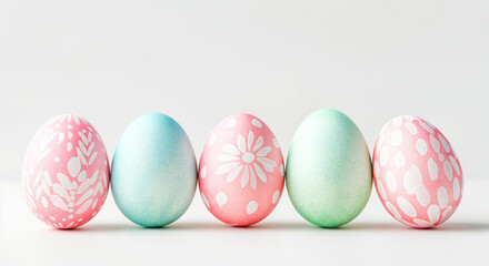 Wall Mural - five pastel-colored easter eggs decorated with white paint stand in a row against a simple white bac
