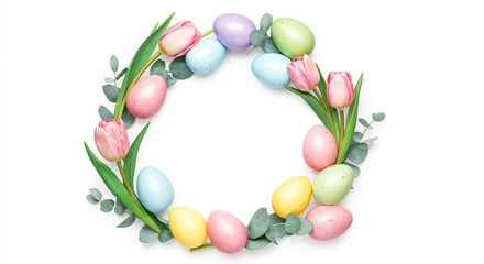 Wall Mural - easter eggs and tulips arranged in a circle on a white background creating a festive spring decorati