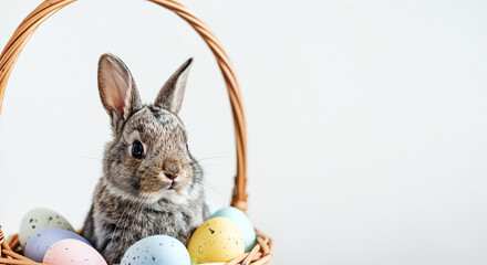 Wall Mural - adorable bunny surrounded by colorful easter eggs in a wicker basket, celebrating the joy of easter