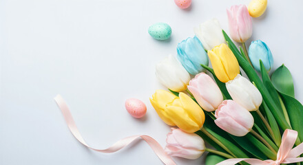 Wall Mural - spring bouquet of pastel-colored tulips and easter eggs tied with a pink ribbon on a white backgroun