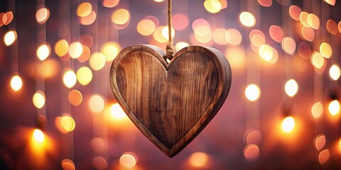 Wall Mural - Night Photography: Wooden Heart Hanging on Pink Wall - Romantic Decor