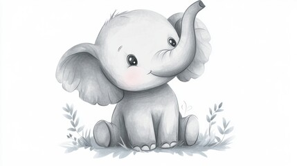Poster - Cute elephant illustration sitting among foliage, showcasing a playful expression in a light and minimalist style. Generative AI