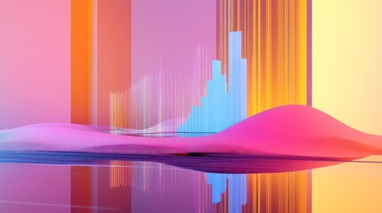 Poster - 3D graphs on a sleek reflective surface in a modern setting. This futuristic and vibrant visual concept emphasizes innovation and analytics. Perfect for stock photography or graphics focusing on tech