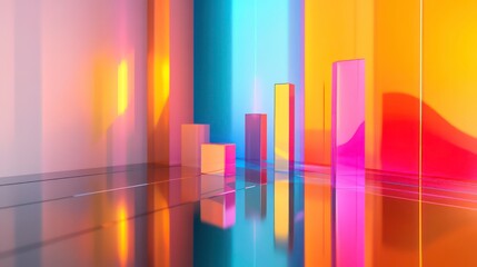 Poster - 3D graphs on a sleek reflective surface in a modern setting. This futuristic and vibrant visual concept emphasizes innovation and analytics. Perfect for stock photography or graphics focusing on tech