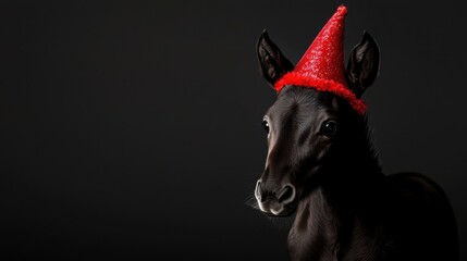 A black horse with a red hat on its head