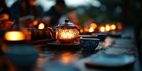 Wall Mural - Illuminated Teapot and Teacups on Tabletop