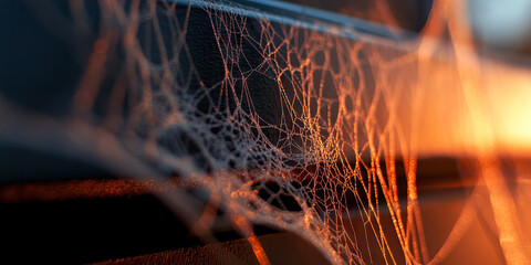 Dew-Covered Spiderweb on Dark Surface at Sunset