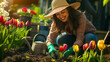 © Evgenii - A smiling woman wearing a sunhat and gloves is planting vibrant tulips in a sunlit garden, radiating joy and passion for gardening and outdoor activities. Concept of gardening and spring renewal