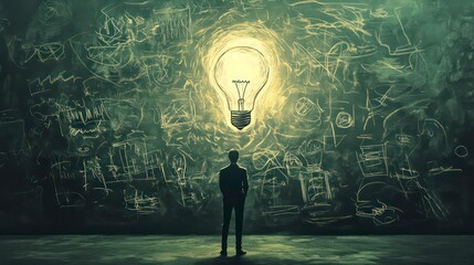 Wall Mural - a businessman stands in front of a chalkboard covered in drawings, looking at a light bulb represent