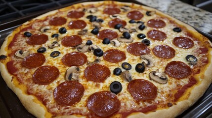 Freshly baked pepperoni pizza with mushrooms and black olives on a tray