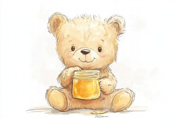 Fototapete - Cute bear holding a jar of honey sitting on the floor. Generative AI