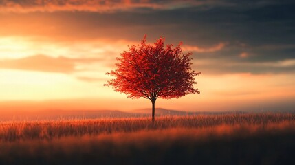 A vibrant red tree stands solitarily in the middle of a glowing field during sunset, with vivid orange hues merging the horizon and sky seamlessly together.