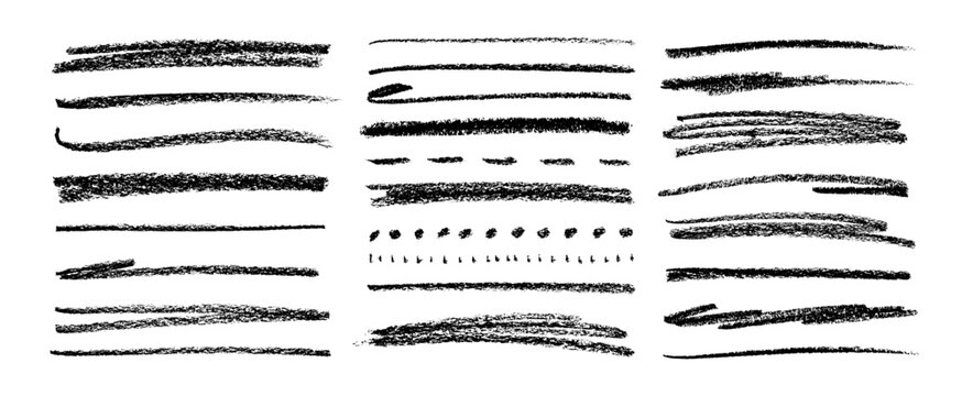Collection crayon drawn straight lines and pencil strokes. Horizontal rough dry lines, doodle charcoal strokes. Chalk straight scribbles for underlining text or hand drawn notes. Rough highlighters.