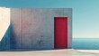 © OVERVECTOR - A concrete wall with a striking red door stands by the sea, offering a serene backdrop that emphasizes contrast and the simplicity of geometric forms.