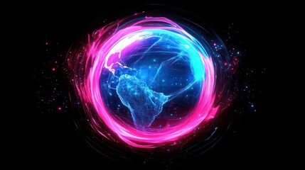 Poster - a glowing blue and pink digital earth orb surrounded by light trails