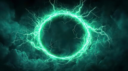 Wall Mural - a green circle with lightning bolts surrounding it on dark background