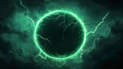 Wall Mural - a green circle with lightning bolts surrounding it on dark background