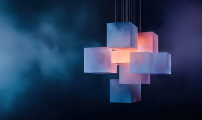 Poster - Futuristic Abstract Technology Installation with Glowing Cubes in Dynamic Suspension and Minimalist Design