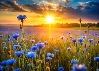 Wall Mural - Panoramic Landscape: Serene Blue Flower Meadow at Dawn