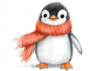Poster - Cute illustrated penguin wearing a bright orange scarf in a playful winter setting. Generative AI