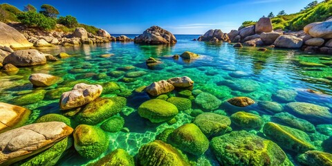 Sticker - Panoramic Mediterranean Sea: Algae-Covered Boulders, Sunny Coastal Scene