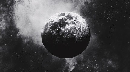 A captivating black and white depiction of the moon, showcasing its craters and surface details against a starry background.