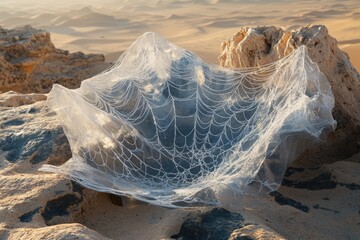 Wall Mural - Frost-covered spiderweb draped over desert rocks at sunrise, a breathtaking natural sculpture.