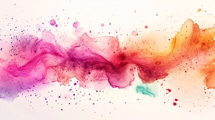 Poster - A vibrant abstract watercolor splash showcasing a blend of pink, orange, and purple hues with delicate splatters.
