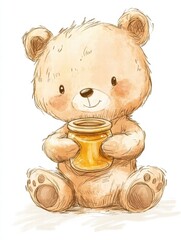 Poster - Cute illustrated bear holding a honey jar while sitting comfortably on the floor. Generative AI
