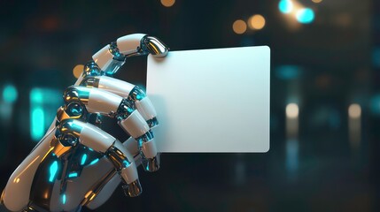 Poster - a robotic hand holding a blank white card, with glowing blue and gold accents, against a dark backgr
