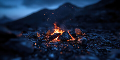 Wall Mural - Small Campfire with Embers and Sparks at Dusk