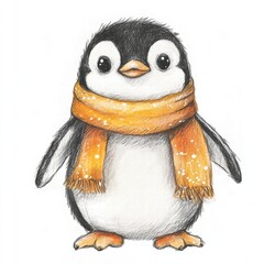 Poster - Cute illustrated penguin wearing an orange scarf in a snowy winter setting with a cheerful expression. Generative AI
