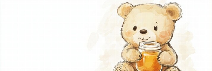 Poster - Cute illustrated bear holding a jar of honey in a whimsical style on a light background. Generative AI