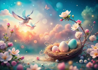 Wall Mural - Pastel Easter Background: Soft Colors & Space for Text - Dreamy Surreal Spring Design