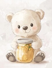 Poster - Cute illustrated bear holding a jar of honey while sitting on a soft background. Generative AI