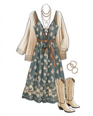 Wall Mural - Floral Dress Cardigan Necklace Boots Outfit Illustration