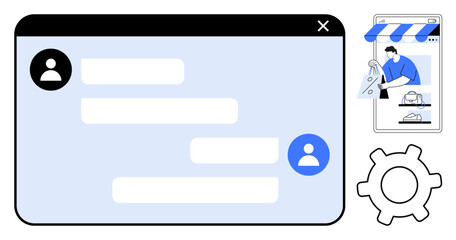 Chat window interface with user icons and text bubbles, mobile storefront illustration, cog icon. Ideal for e-commerce, customer service, online communication, shopping, technology, app development