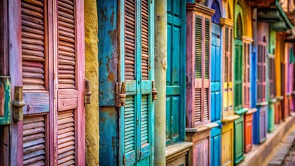 Wall Mural - Pastel Textured Background with Shutters and Colorful Columns: Architectural Detail Stock Photo