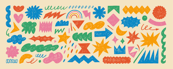 Leinwandbilder - Funky abstract geometric shapes and figures drawn by colored crayon. Doodle modern figures, stars, arch, cloud, arrow.