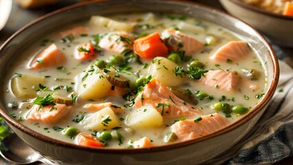 Wall Mural - Hearty creamy salmon soup with vegetables, including carrots, potatoes, and peas, garnished with fresh herbs for comforting meal full of flavor.